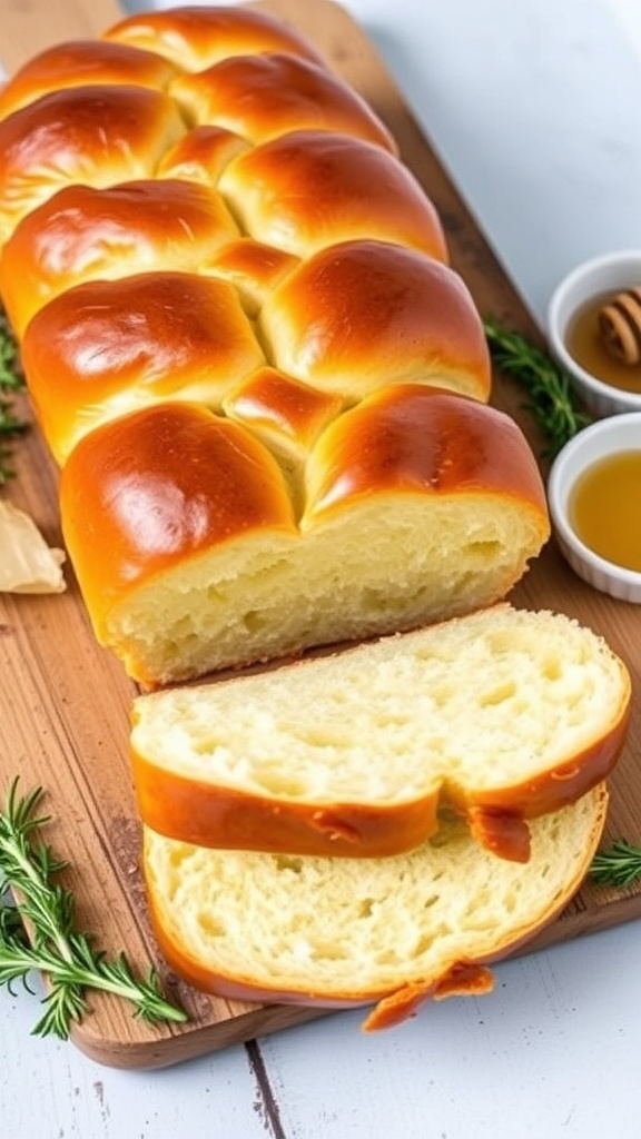 Golden braided gluten-free challah bread on a wooden board with slices cut, surrounded by honey and rosemary.
